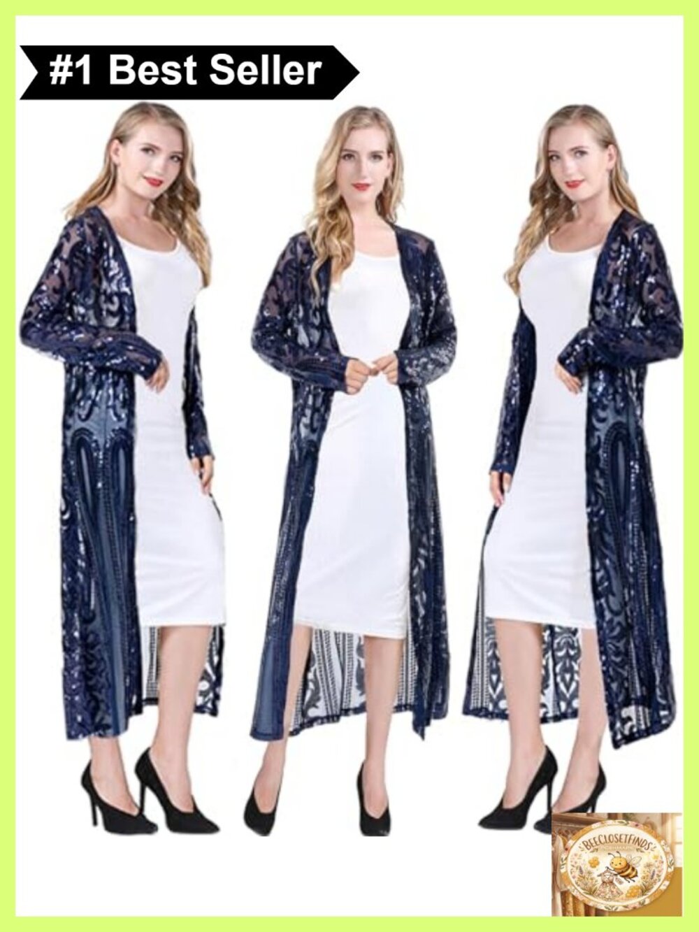 Sequin Open Front Long Sleeve Cardigan Coat Dress for Evening Party
